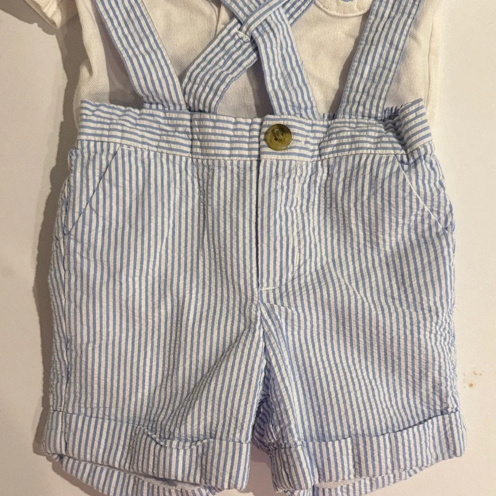 Janie and‎ Jack Seersucker Polo & Overalls With Matching Hat 6-12 Months Boy